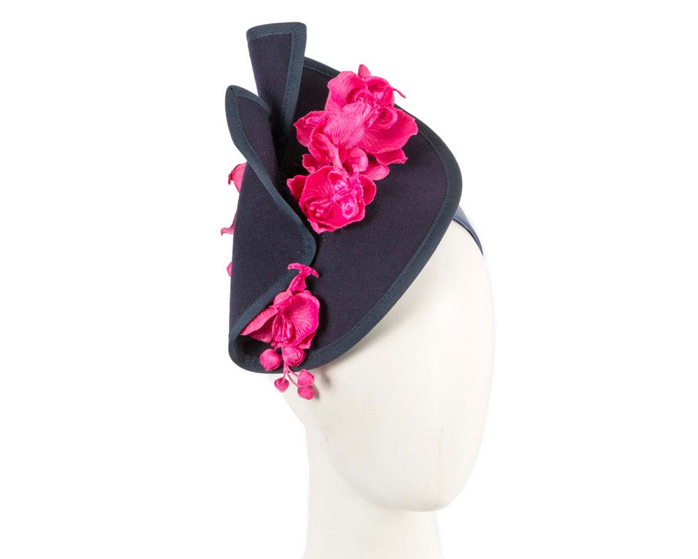 Navy and fuchsia winter felt fascinator with orchid